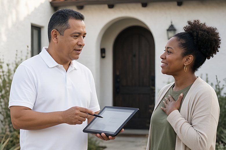 A testing technician reviewing results on a tablet with a relieved homeowner outside a Spanish-style California home